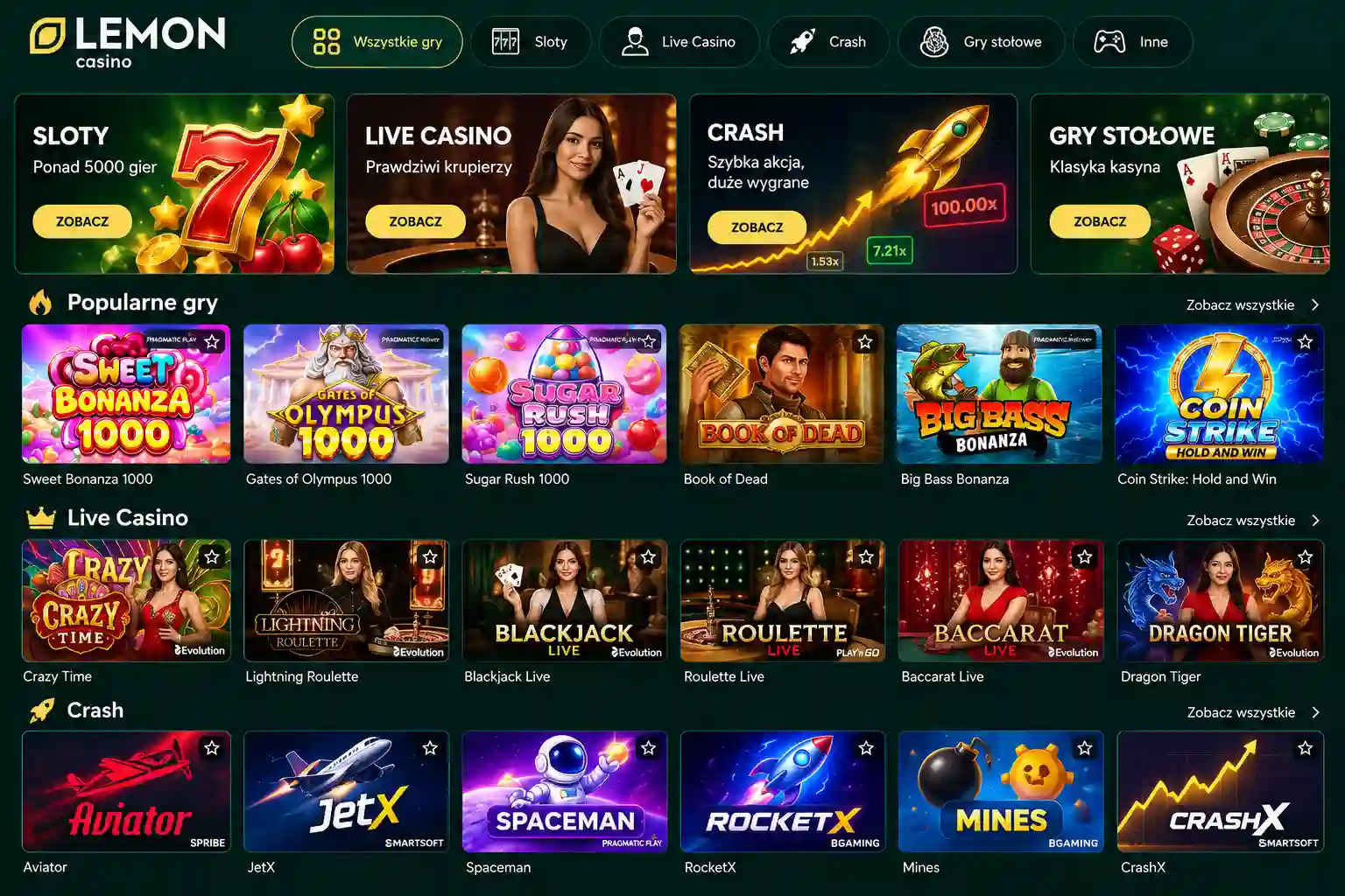 Lobby gier Lemon Casino – kategorie slotów, Live Casino, Crash i gier stołowych