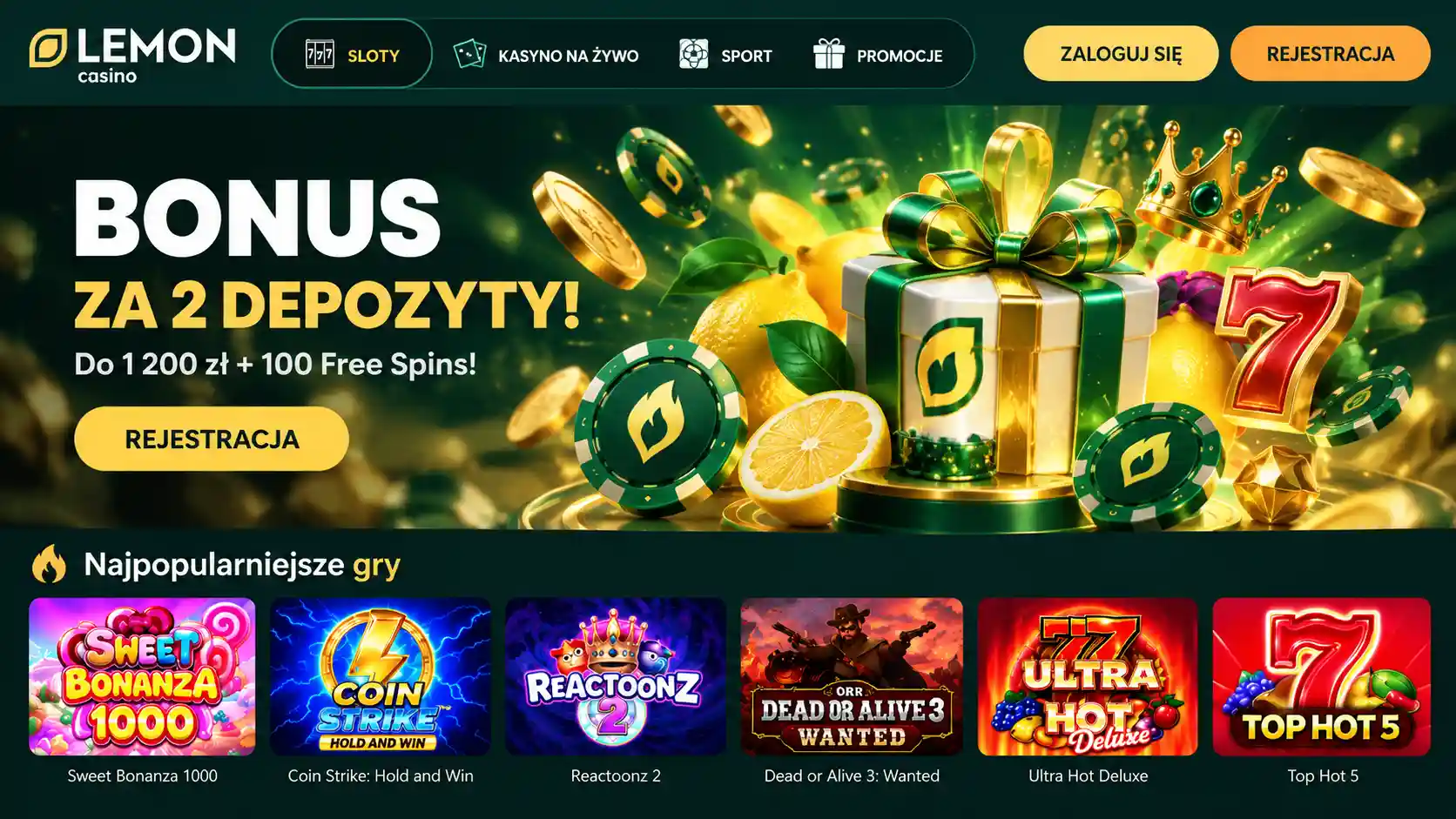 Strona główna Lemon Casino – interfejs z menu nawigacyjnym i banerem powitalnym