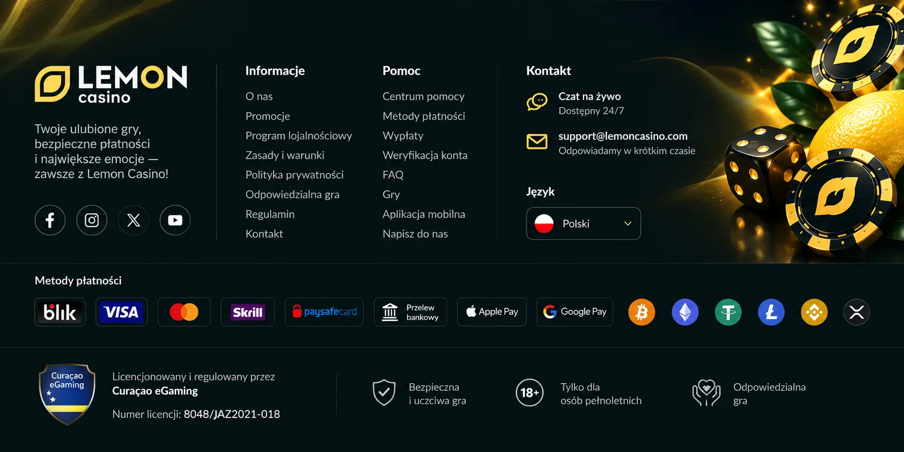 Stopka strony Lemon Casino z numerem licencji Curacao i metodami płatności