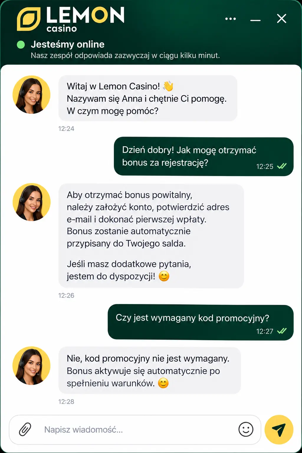 Okno czatu na żywo Lemon Casino – rozmowa z konsultantem obsługi klienta