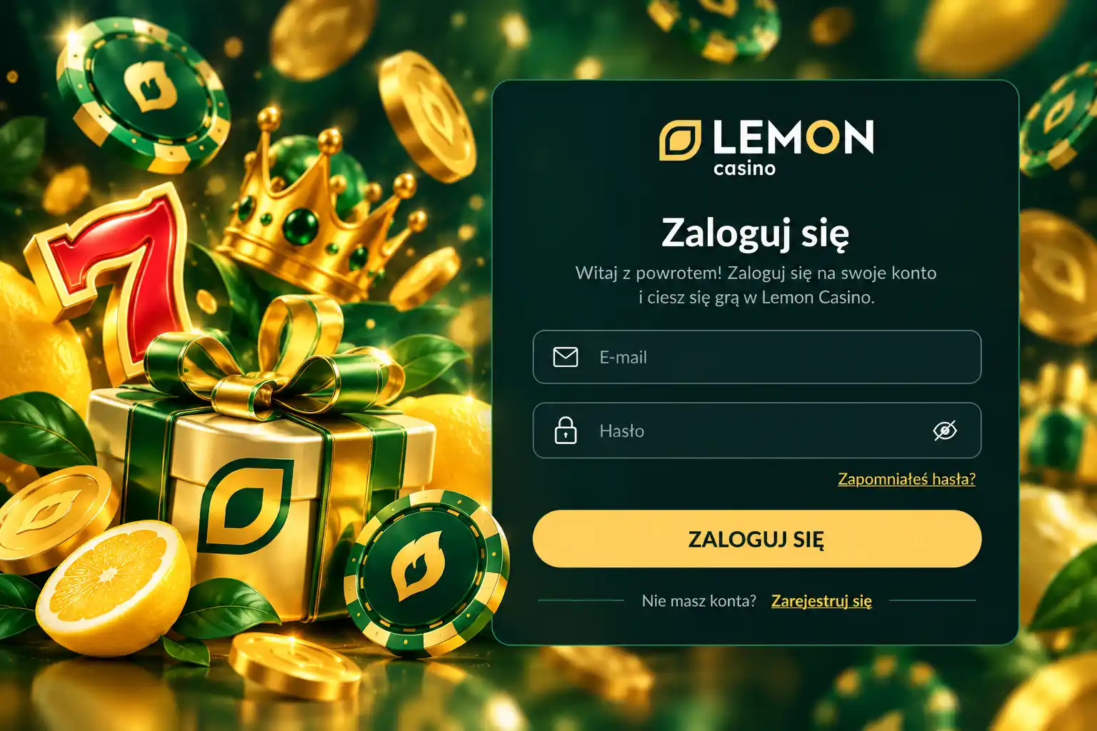 Ekran logowania Lemon Casino – pola e-mail i hasło, przycisk Zaloguj się