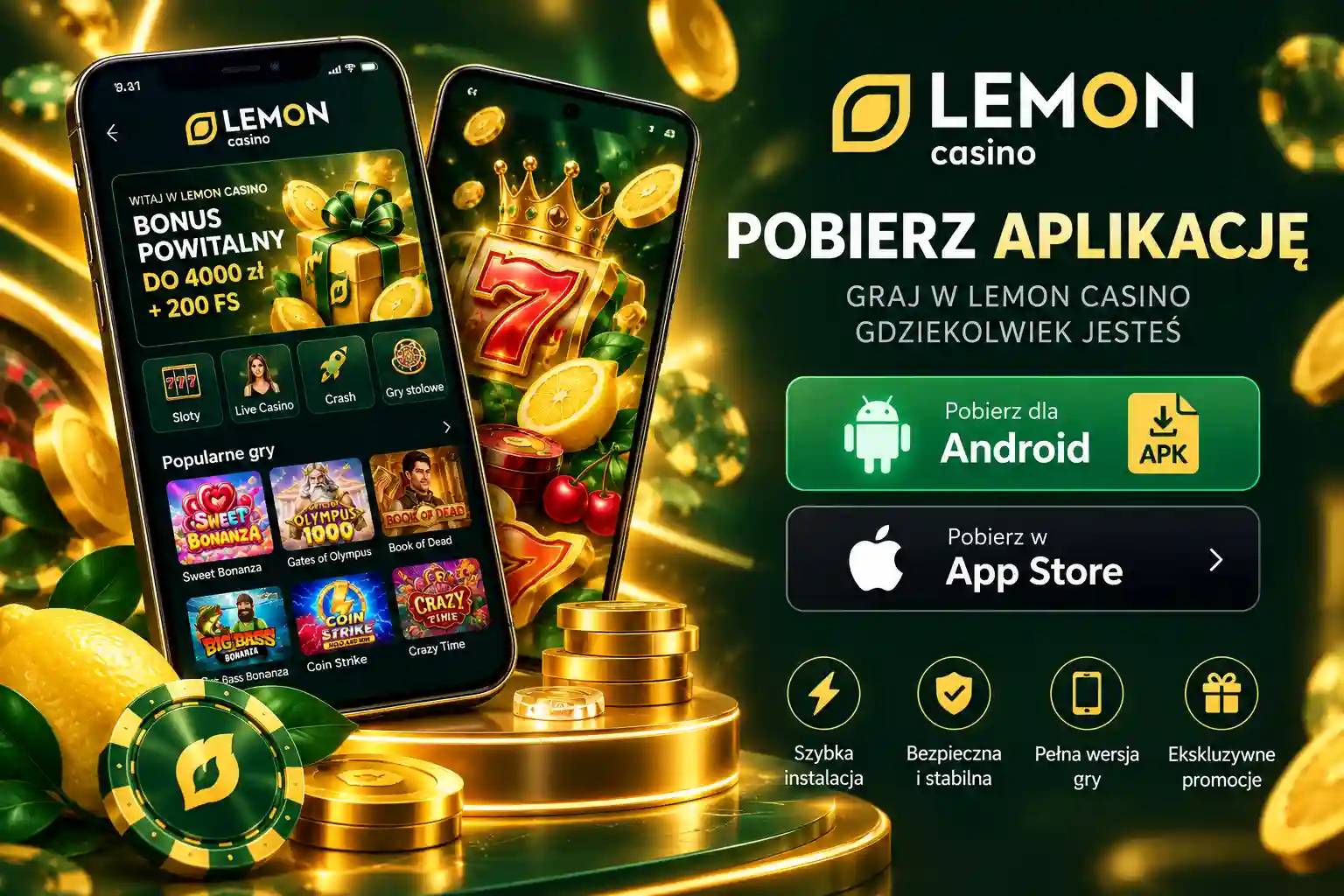 Strona pobierania aplikacji Lemon Casino – przyciski Android APK i App Store iOS