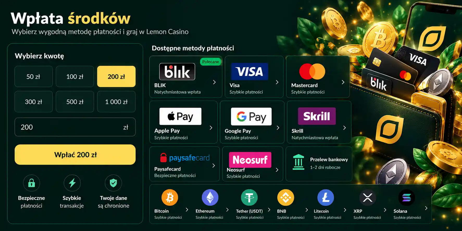 Metody płatności w Lemon Casino – BLIK, Visa, Mastercard, kryptowaluty