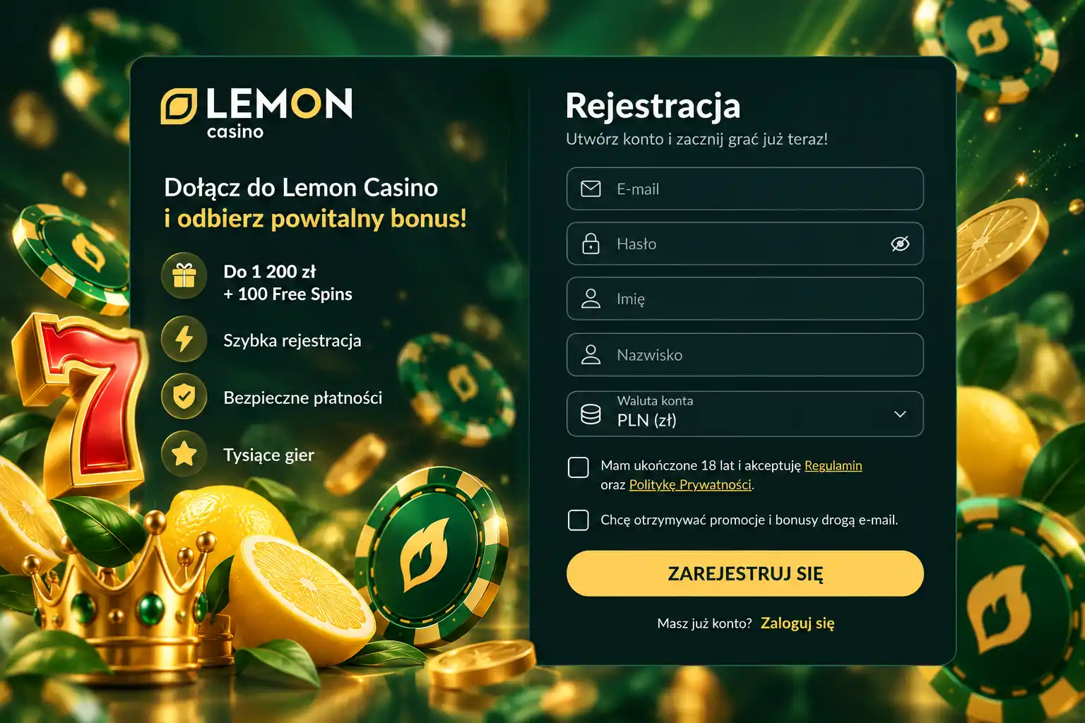 Formularz rejestracyjny Lemon Casino – pola e-mail, hasło, imię, waluta PLN